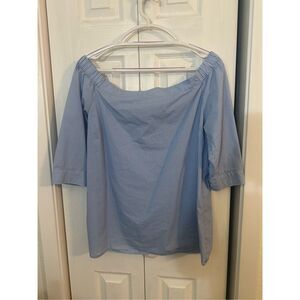 Halogen Women's Pinstripe Off The Shoulder 3/4 Sleeve Blouse Blue White Large